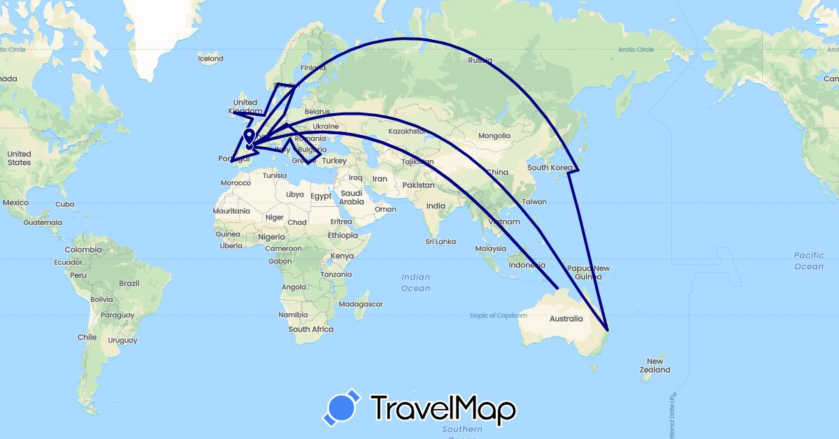 TravelMap itinerary: driving in Australia, Czech Republic, Germany, Spain, France, United Kingdom, Greece, Croatia, Ireland, Italy, Japan, Netherlands, Norway, Philippines, Portugal, Sweden, Turkey (Asia, Europe, Oceania)